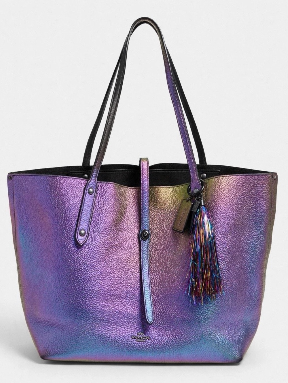 Iridescent Purple Leather Tote Bag with Tassel